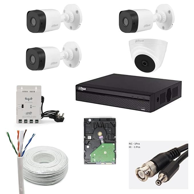 Dahua 2MP with Audio HD CCTV Camera Full Set, 3 Bullet, 1 Dome, 4 Channel DVR, 4 Channel JK Vision Power Supply, 1TB Hard Disk, 90 Meter Cable, BNC/DC Connector